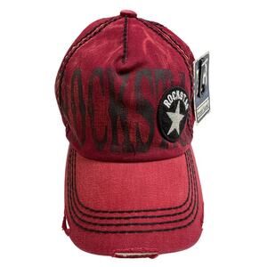 NWT Rockstar Distressed Red Baseball Ball Cap Hat Unisex Size OS Adjustable Soft
